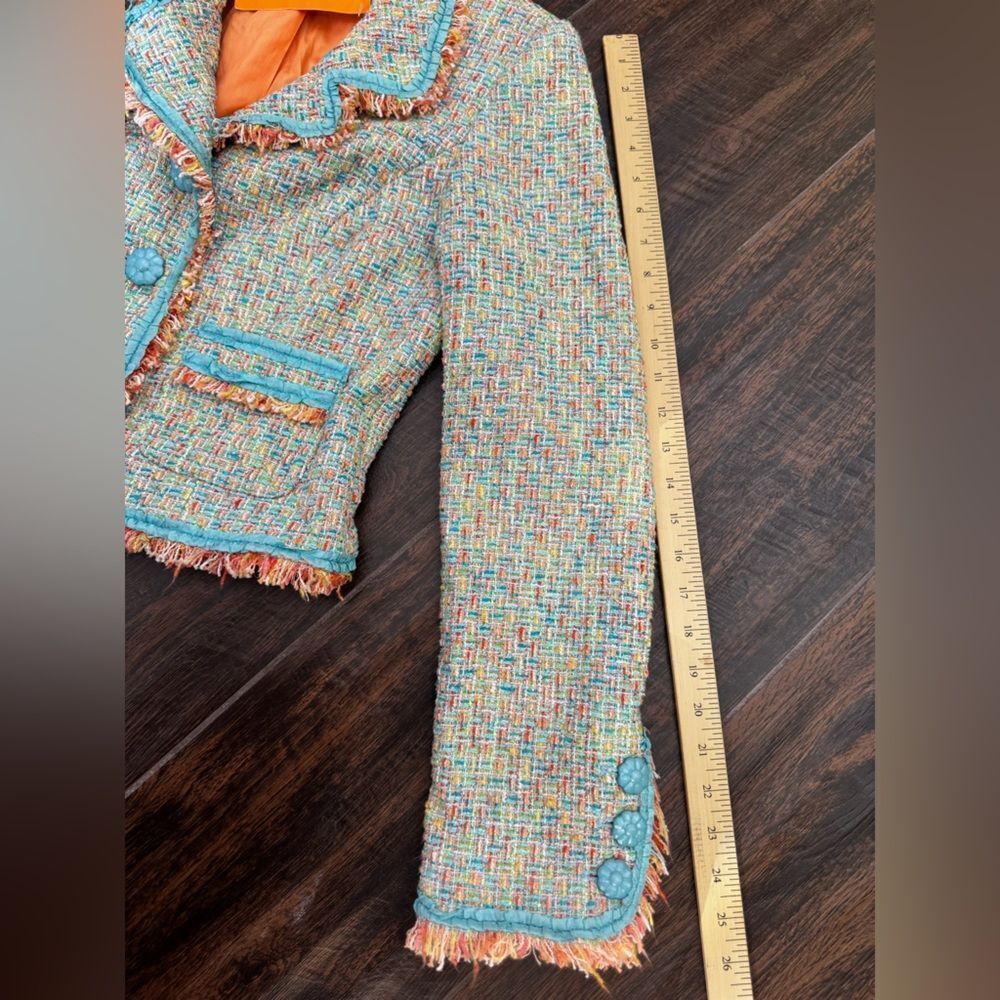 Cynthia Steffe Tweed Fringe Cropped Blazer Teal Orange Multi-Color Jacket NWT S - Picture 14 of 15